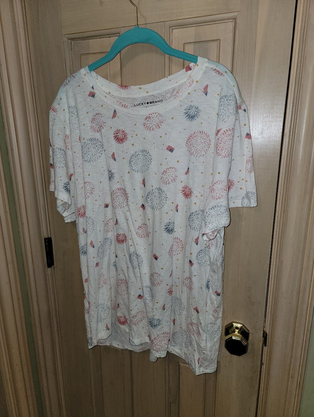 Womens Plus Sz 2X Lucky Brand Off White Red  Blue Firework Print Shirt
